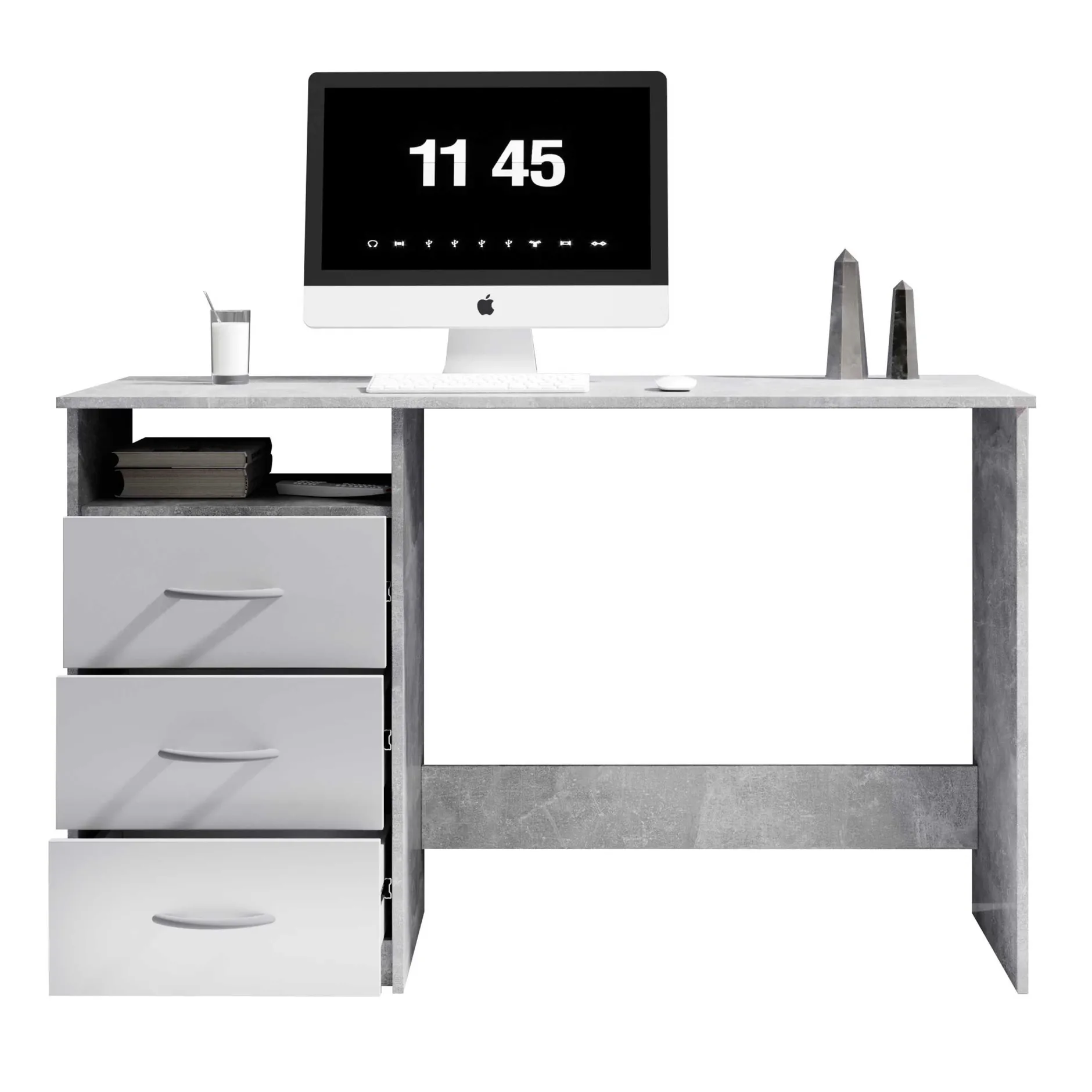 Schreibtisch Adriano 123cm mit 3 Schubladen - Beton/Weiß
