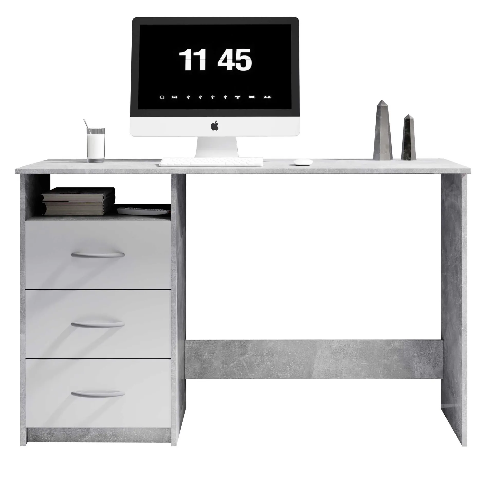 Schreibtisch Adriano 123cm mit 3 Schubladen - Beton/Weiß