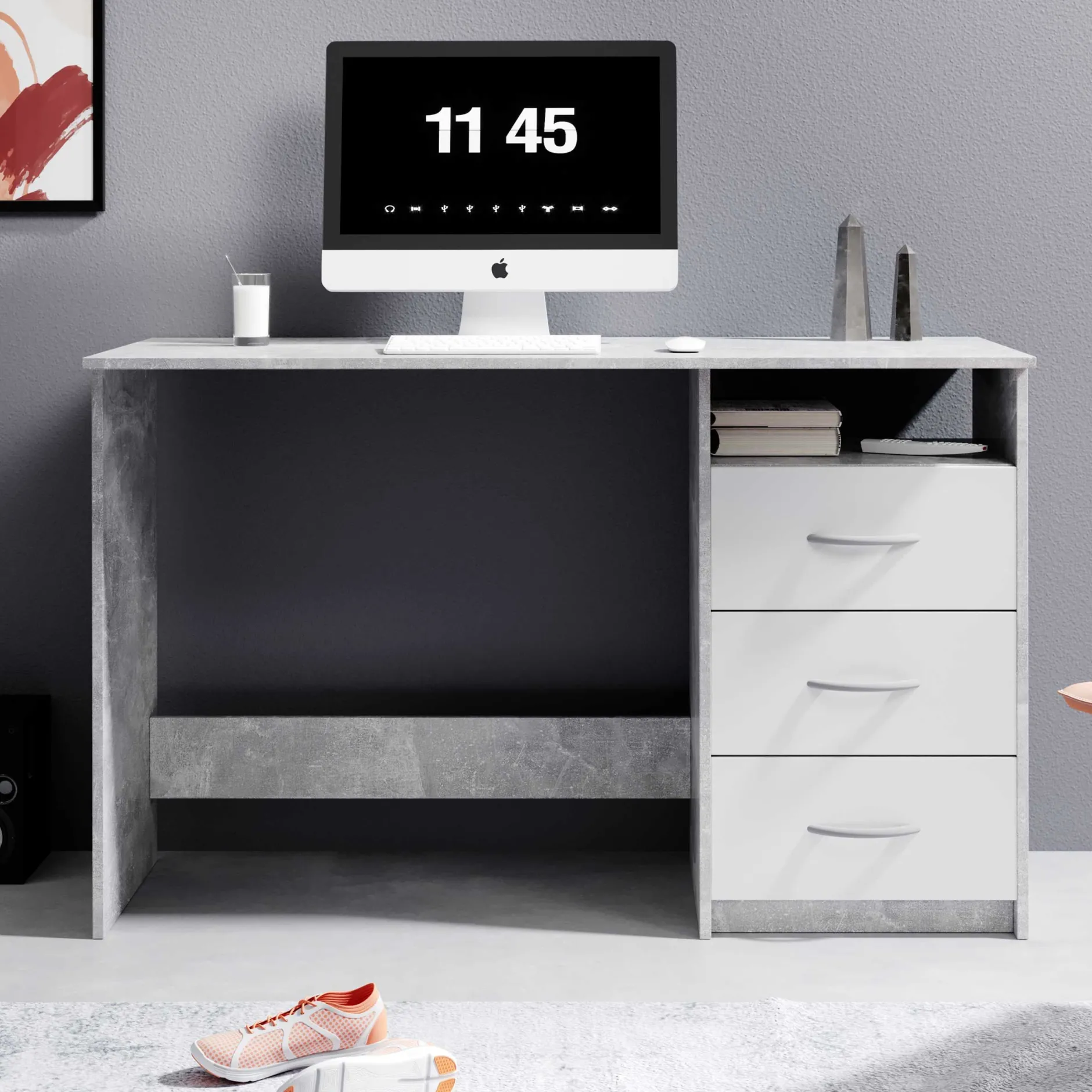 Schreibtisch Adriano 123cm mit 3 Schubladen - Beton/Weiß
