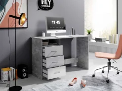 Schreibtisch Adriano 123cm mit 3 Schubladen - Beton/Weiß