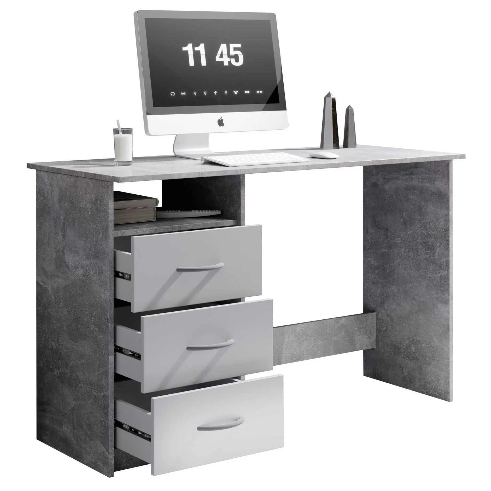 Schreibtisch Adriano 123cm mit 3 Schubladen - Beton/Weiß