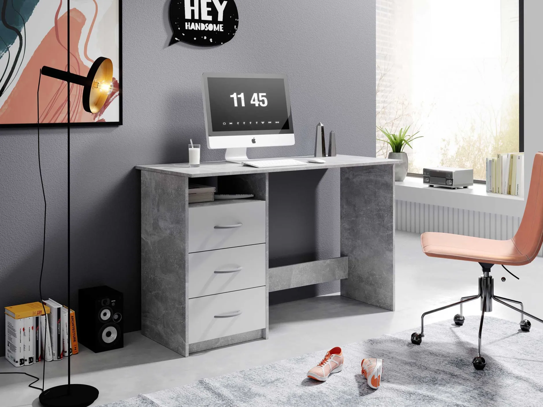 Schreibtisch Adriano 123cm mit 3 Schubladen - Beton/Weiß
