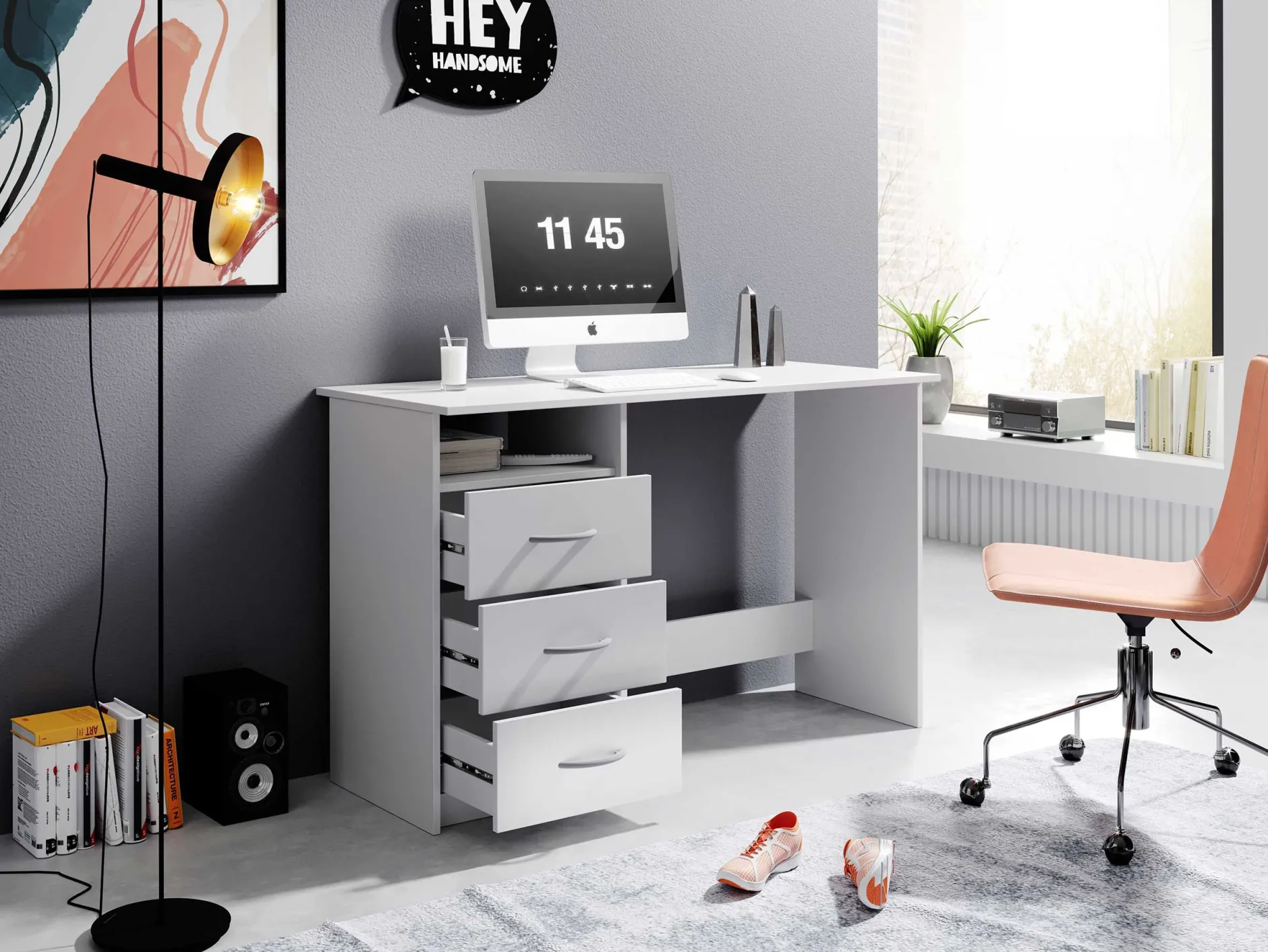 Schreibtisch Adriano 123cm mit 3 Schubladen - weiß