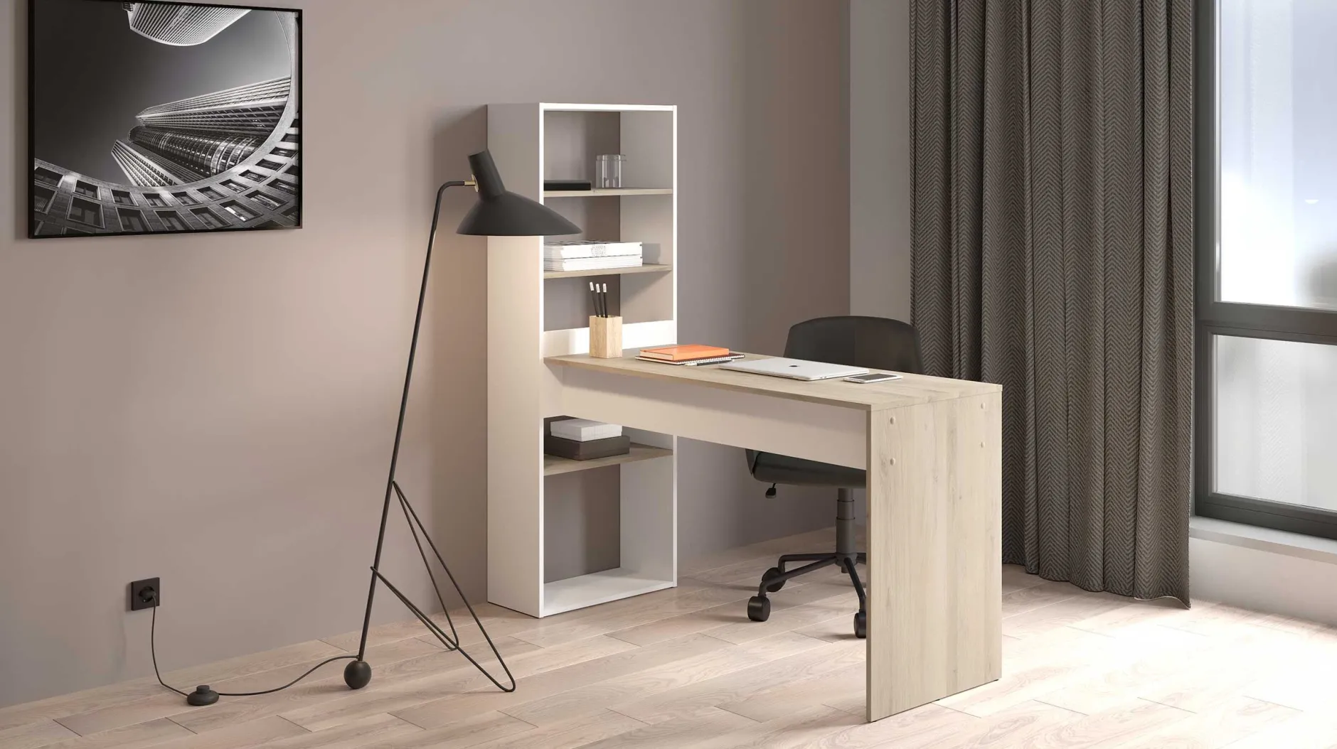 Schreibtisch Azizam - 123x53x145cm - mit Bücherregal - weiß/Eiche Dekor