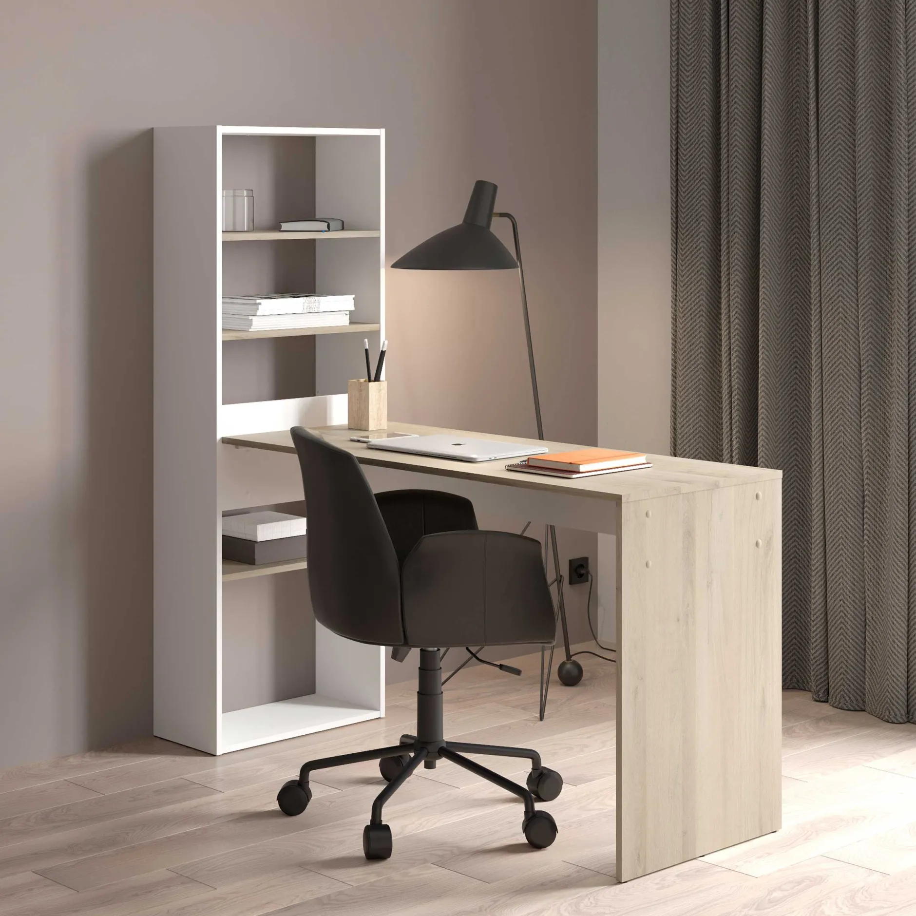 Schreibtisch Azizam - 123x53x145cm - mit Bücherregal - weiß/Eiche Dekor