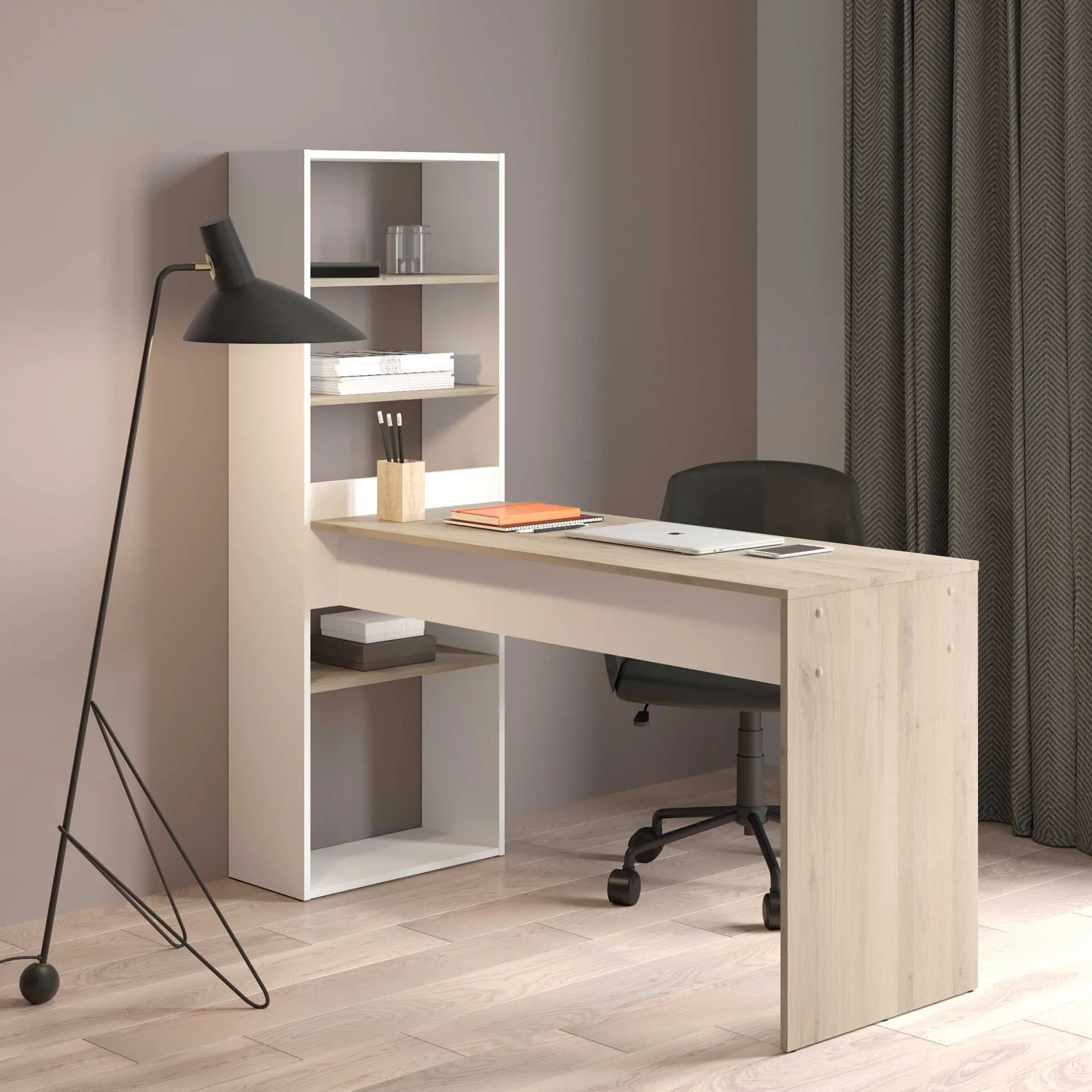 Schreibtisch Azizam - 123x53x145cm - mit Bücherregal - weiß/Eiche Dekor