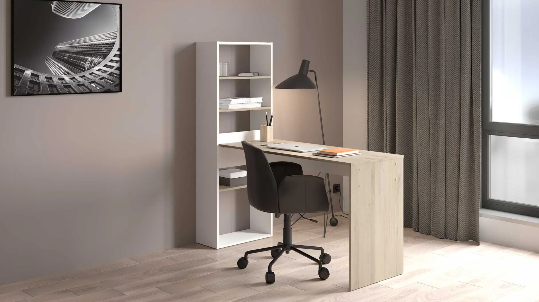 Schreibtisch Azizam - 123x53x145cm - mit Bücherregal - weiß/Eiche Dekor