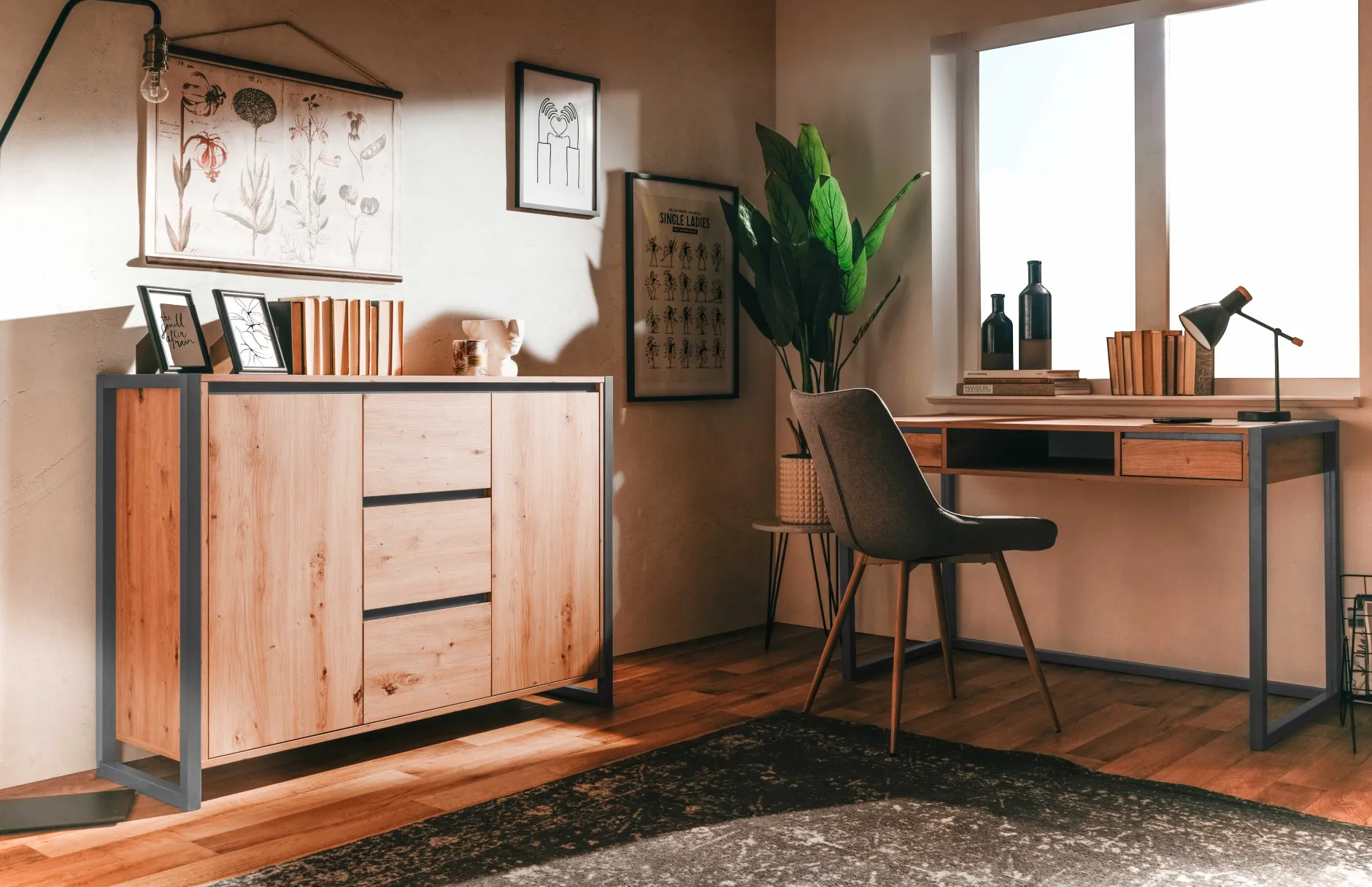 Schreibtisch Damon 120cm 2 Schubladen - Eiche/anthrazit
