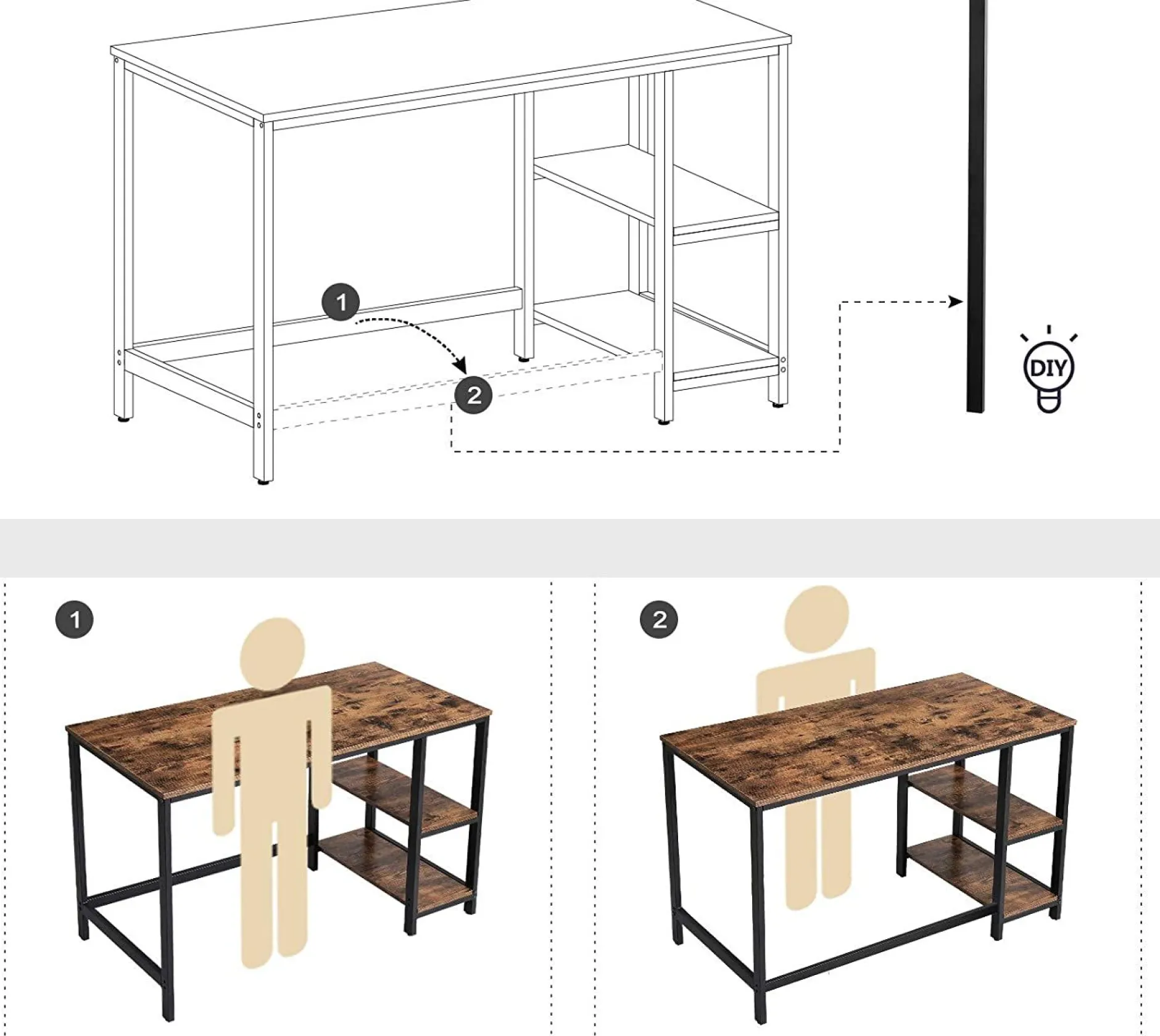 Schreibtisch Fabrice 120cm 2 Ablagen - rustikal braun/schwarz
