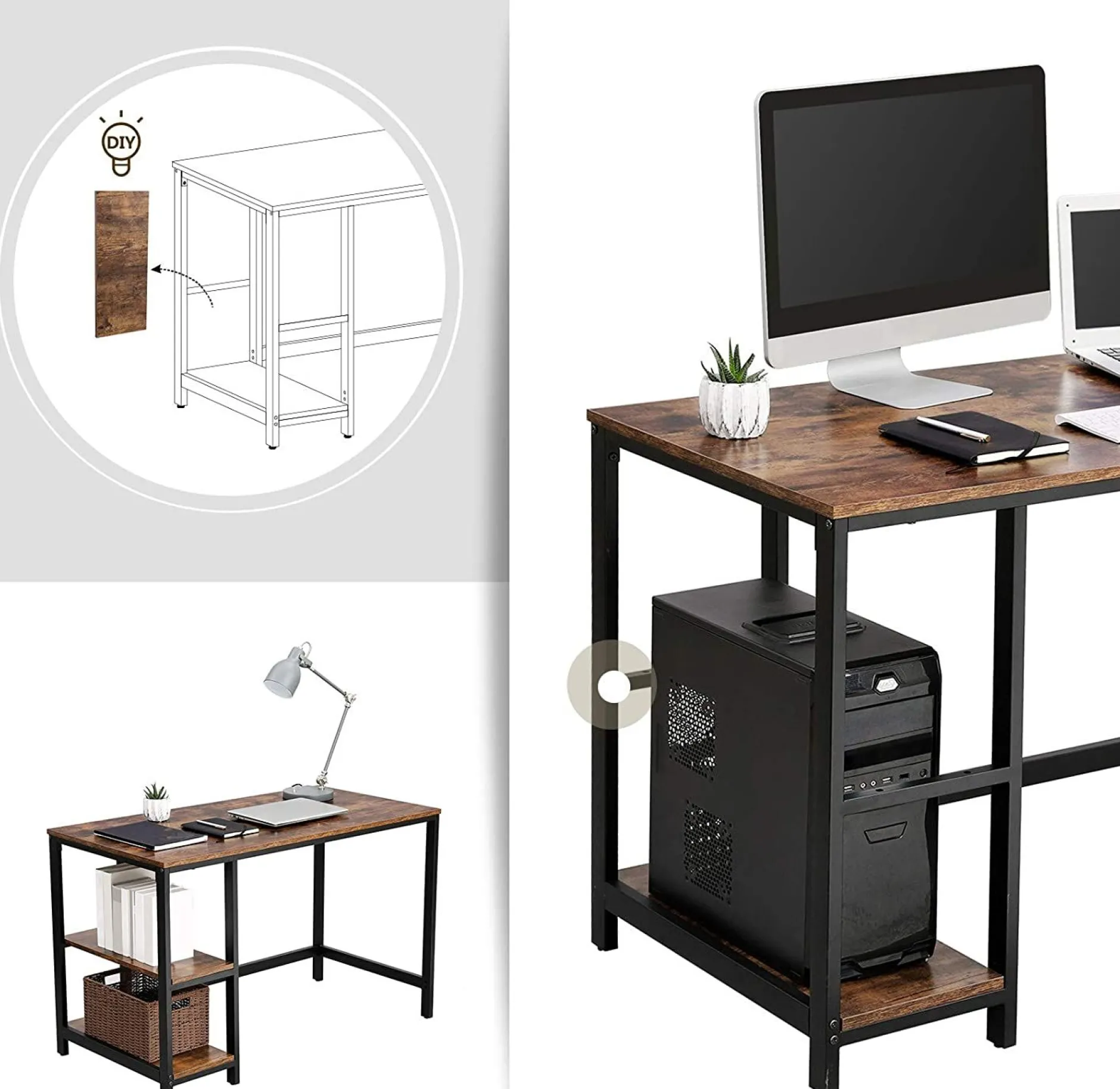 Schreibtisch Fabrice 120cm 2 Ablagen - rustikal braun/schwarz