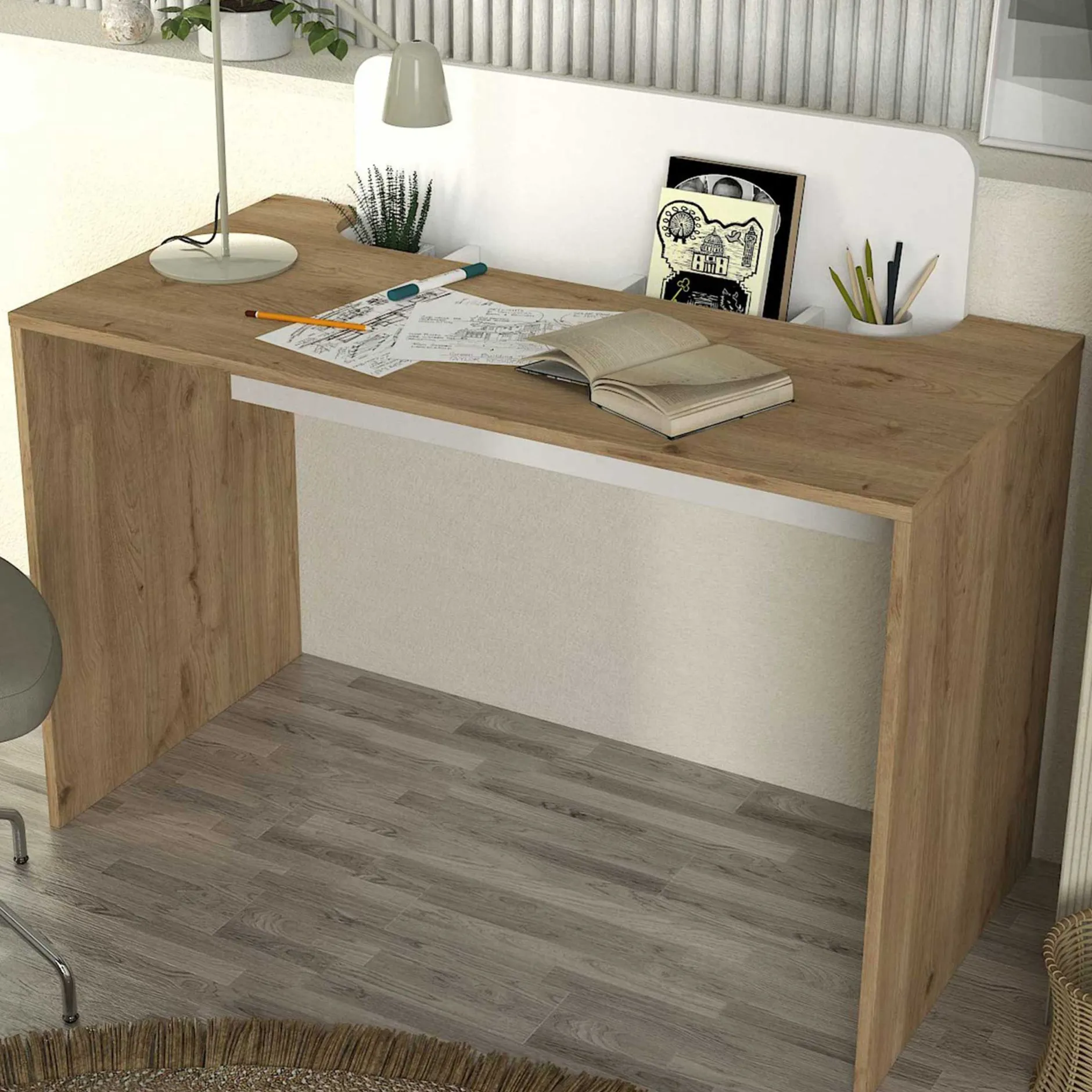 Schreibtisch Maris - 120x60x98cm - mit Stauraum - Eiche Dekor/Weiß