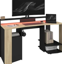 Schreibtisch Meta - 152x61x87cm - mit LED-Beleuchtung - Eiche Dekor/schwarz