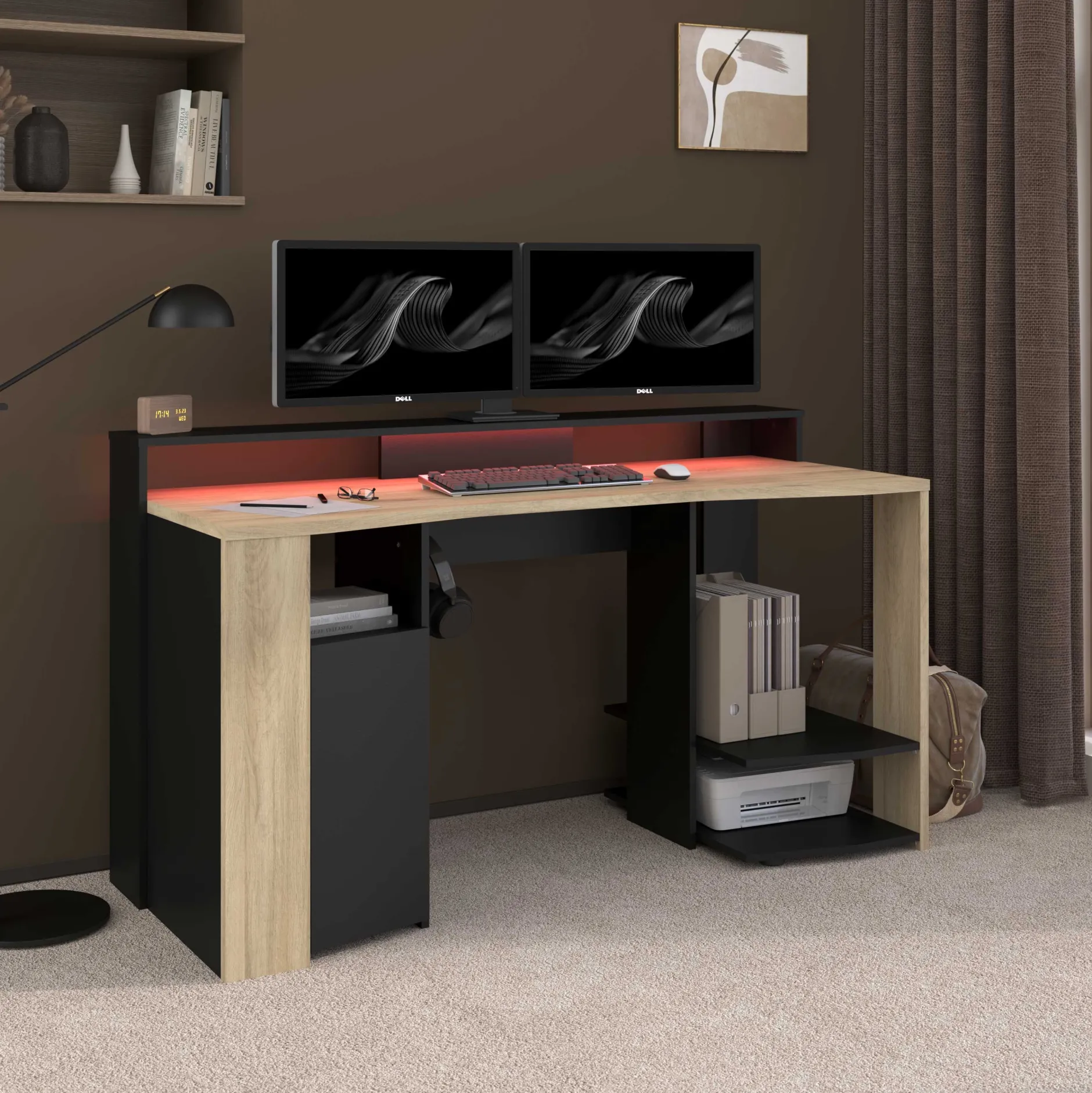 Schreibtisch Meta - 152x61x87cm - mit LED-Beleuchtung - Eiche Dekor/schwarz