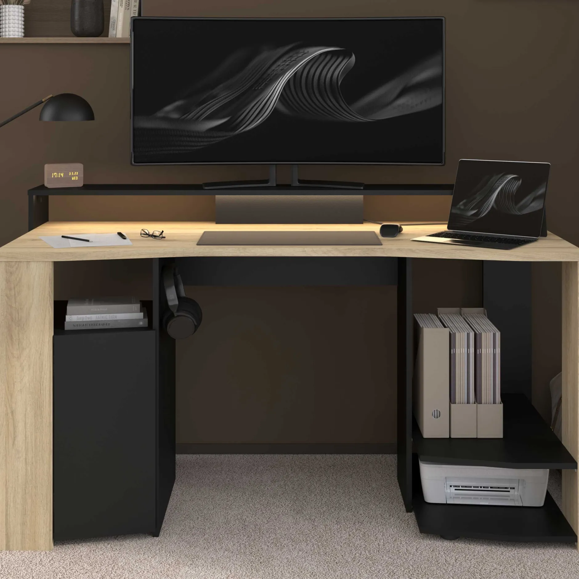 Schreibtisch Meta - 152x61x87cm - mit LED-Beleuchtung - Eiche Dekor/schwarz