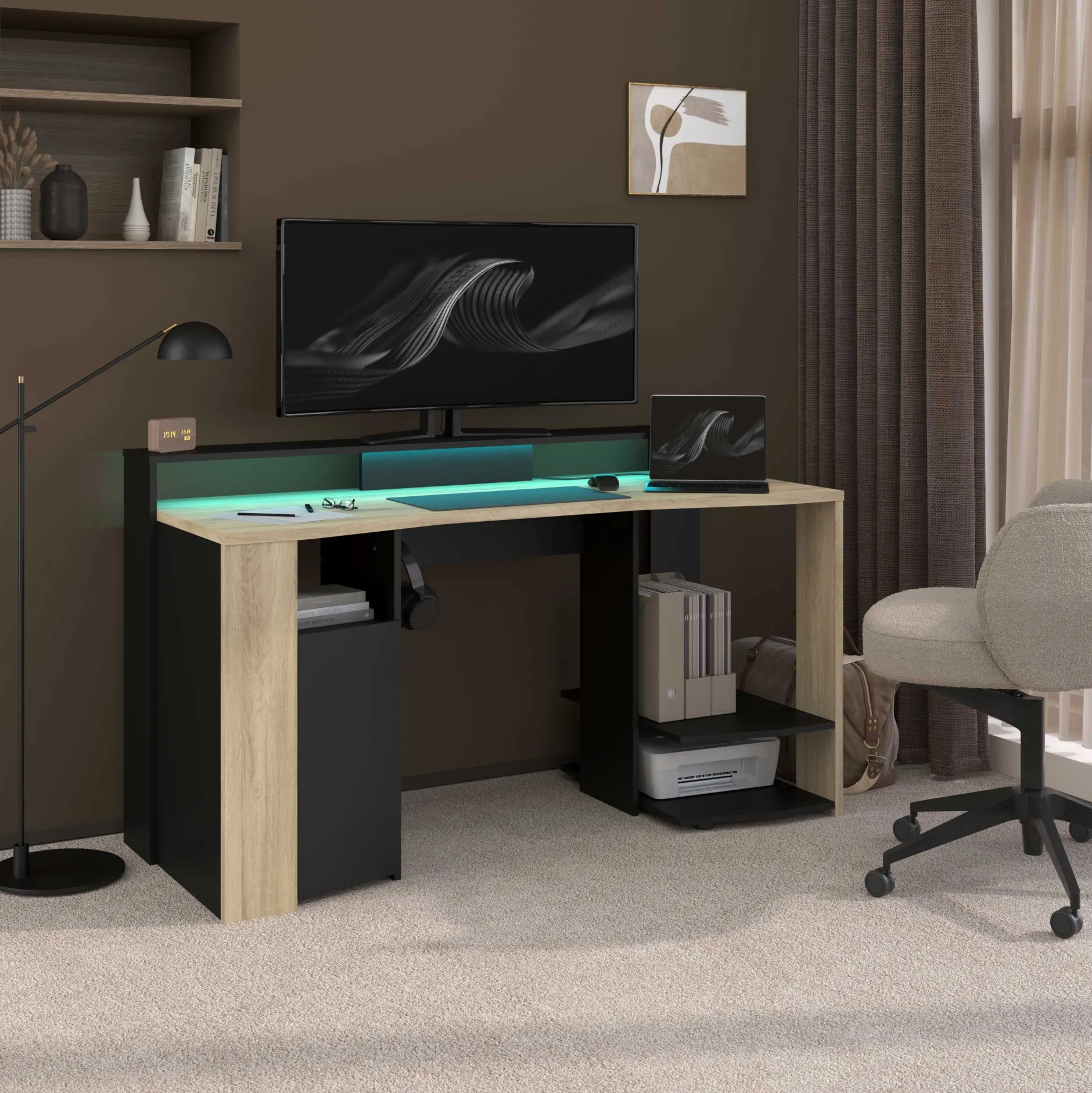 Schreibtisch Meta - 152x61x87cm - mit LED-Beleuchtung - Eiche Dekor/schwarz