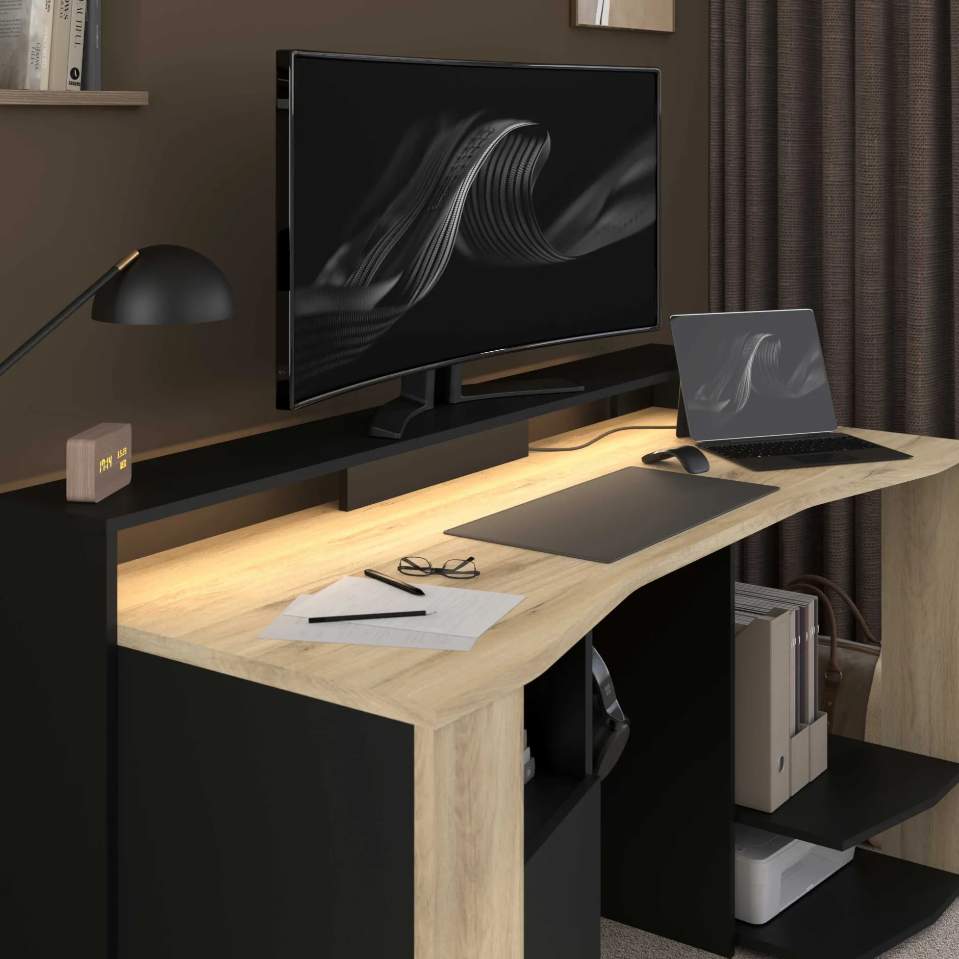 Schreibtisch Meta - 152x61x87cm - mit LED-Beleuchtung - Eiche Dekor/schwarz