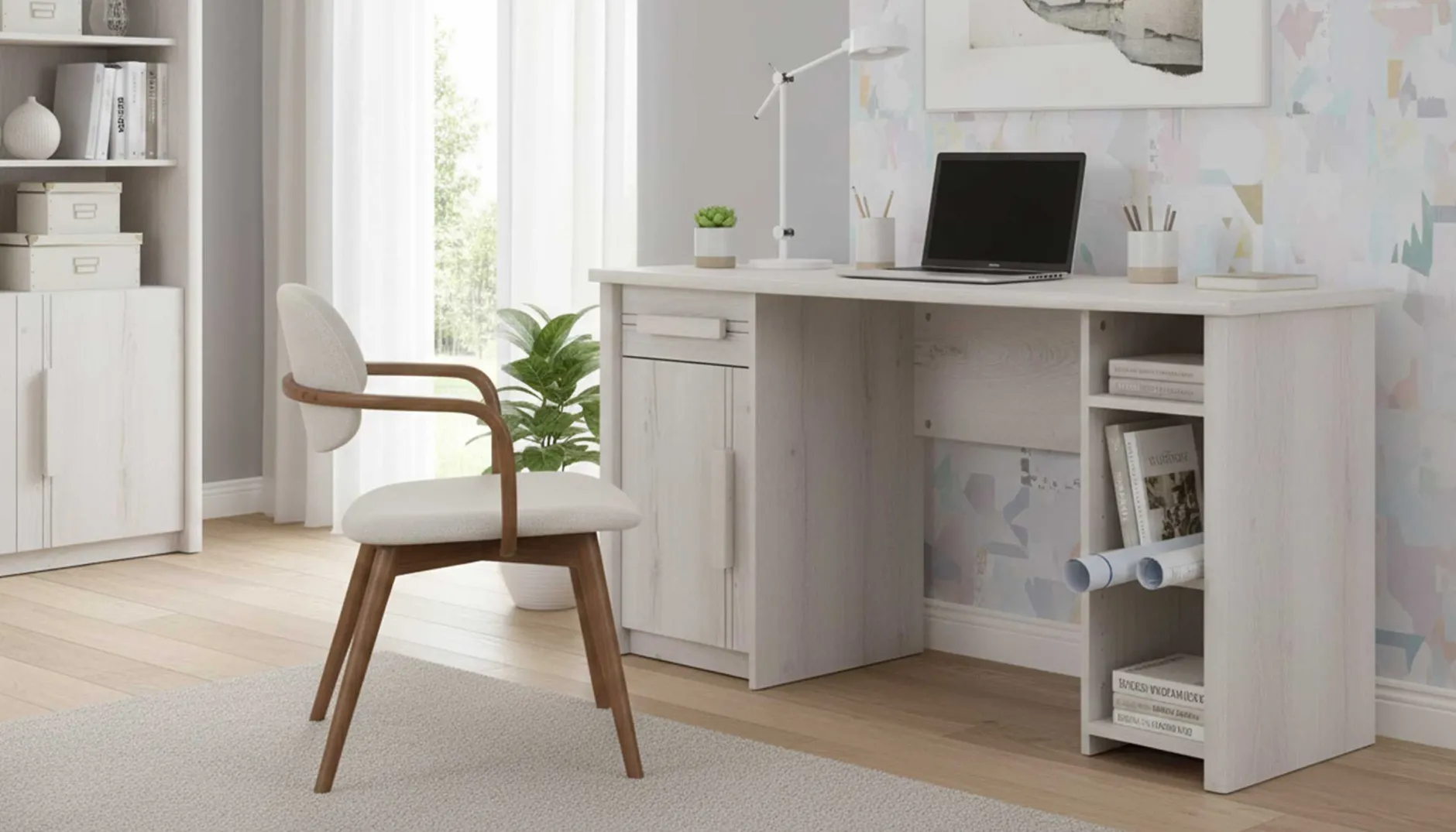 Schreibtisch Morris 136cm mit 1 Tür, 1 Schublade und 3 Fächern - gebleichte Helvezia-Eiche