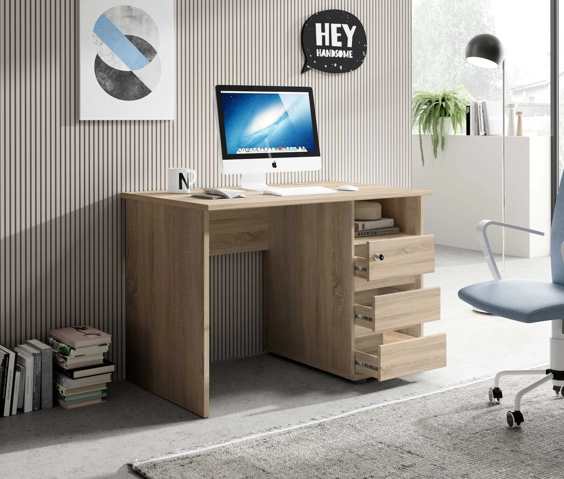 Schreibtisch Primos 110cm mit 3 Schubladen - Eiche