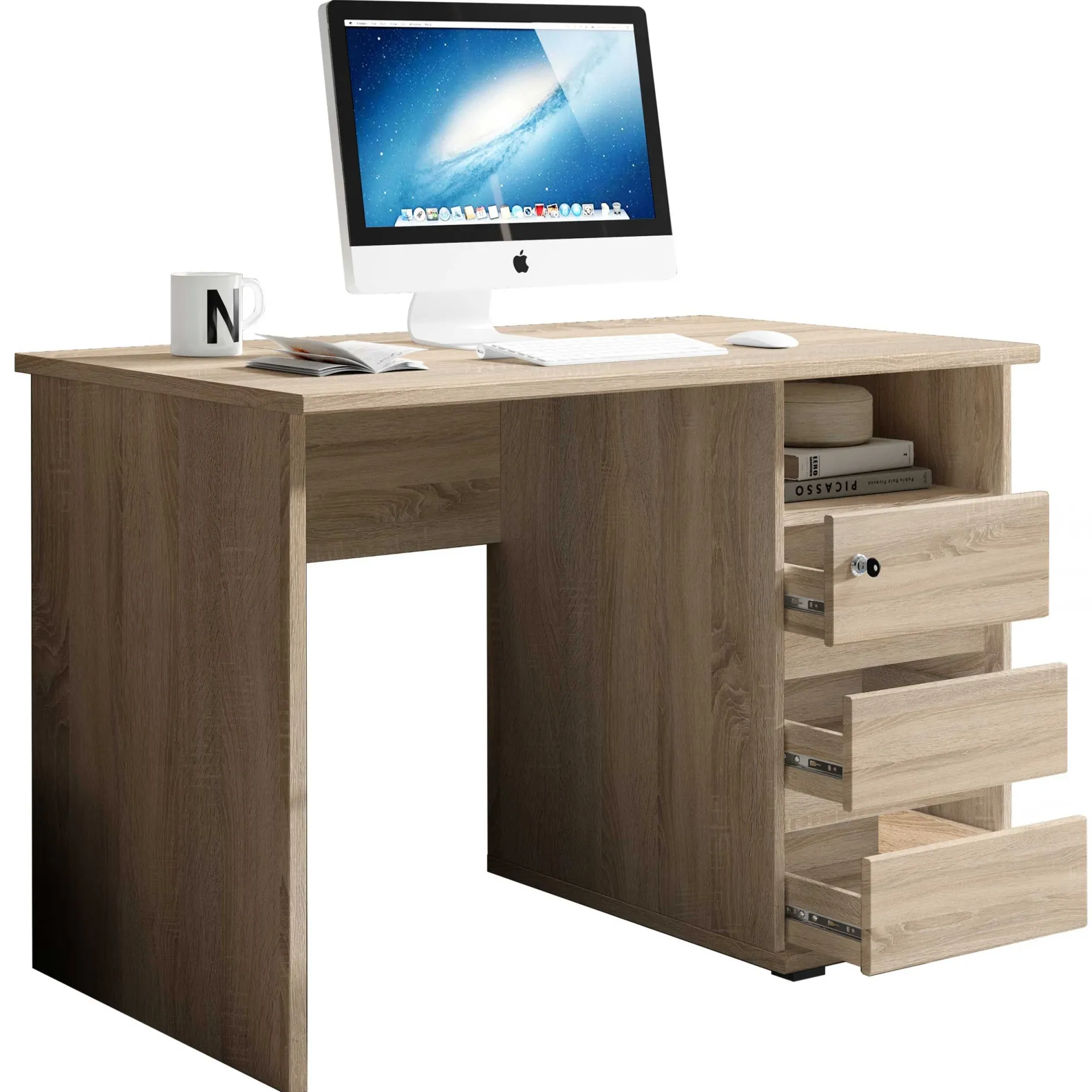 Schreibtisch Primos 110cm mit 3 Schubladen - Eiche