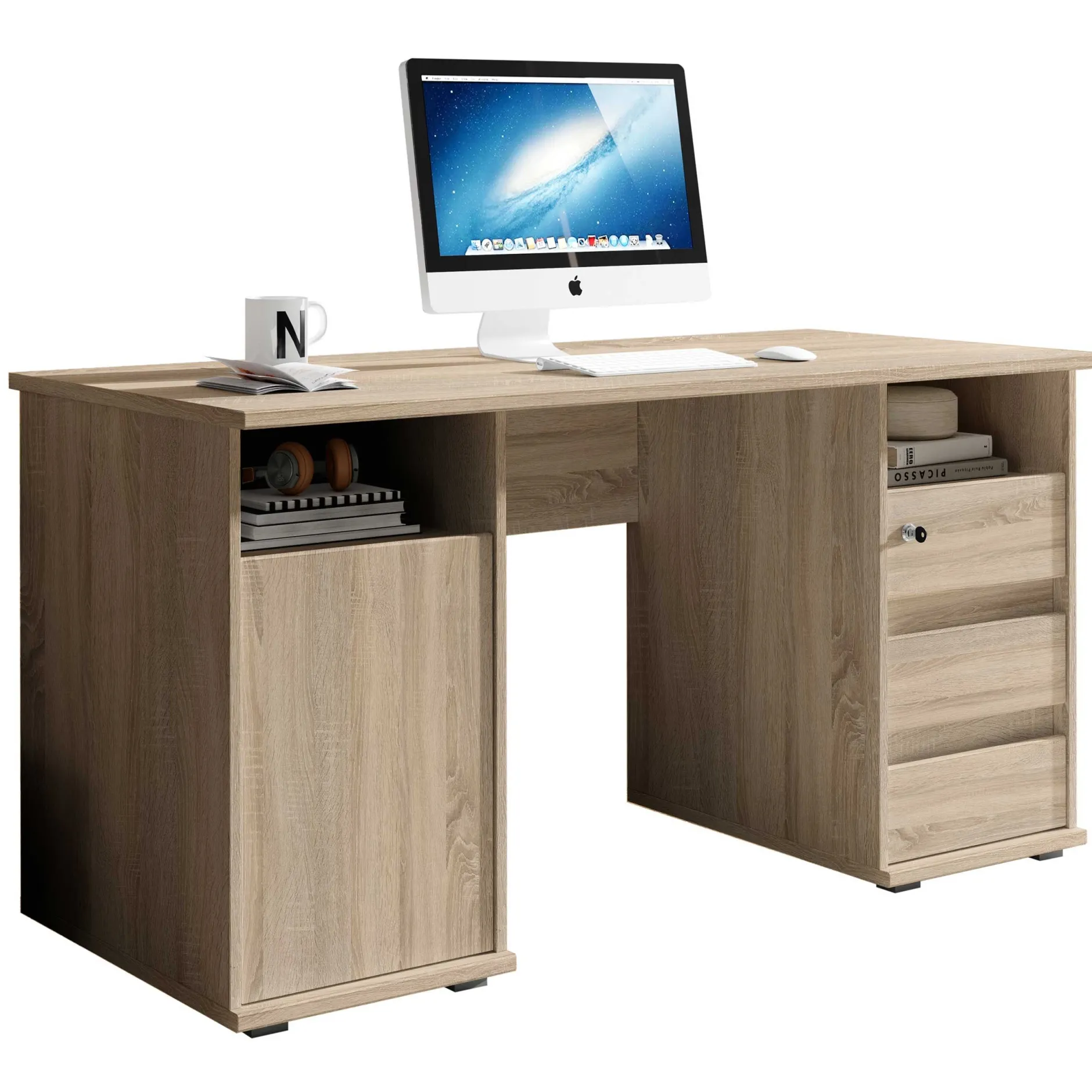 Schreibtisch Primos 145cm mit 3 Schubladen und 1 Tür - Eiche