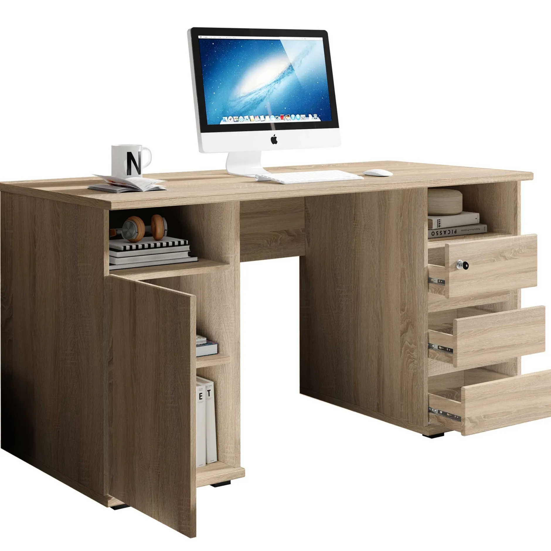 Schreibtisch Primos 145cm mit 3 Schubladen und 1 Tür - Eiche