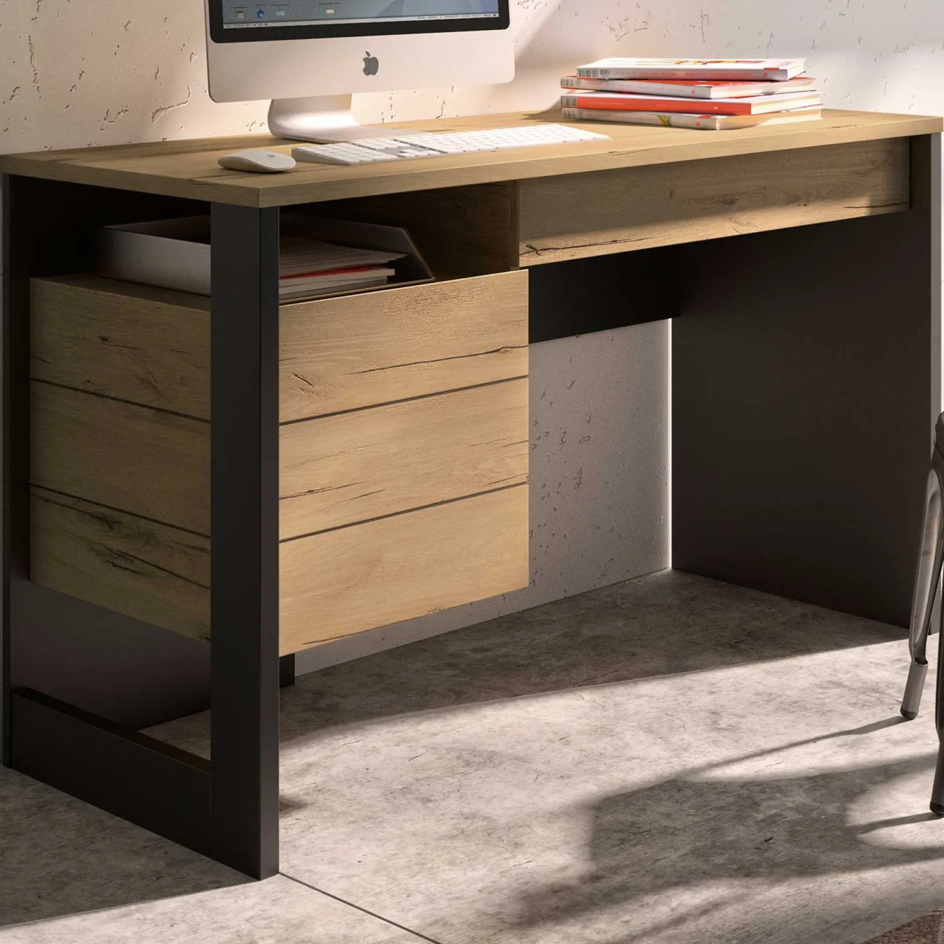 Schreibtisch Rush 119cm, 1 Tür und 1 Schublade - Eiche Dekor/schwarz
