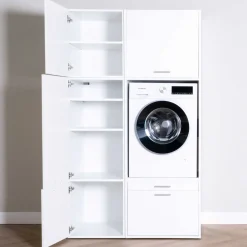 Schränke für Waschküche Linea - 116x67x200cm - 4 Türen und 1 Schublade - weiß