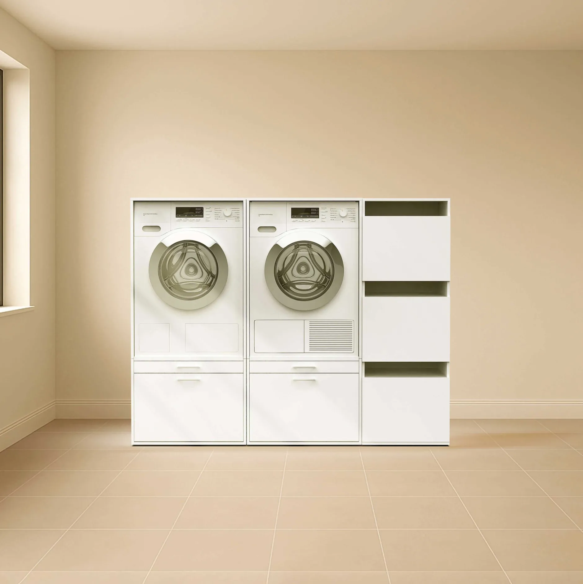 Schränke für Waschküche Linea - 183x67x142cm - 3 Türen und 2 Schubladen - weiß