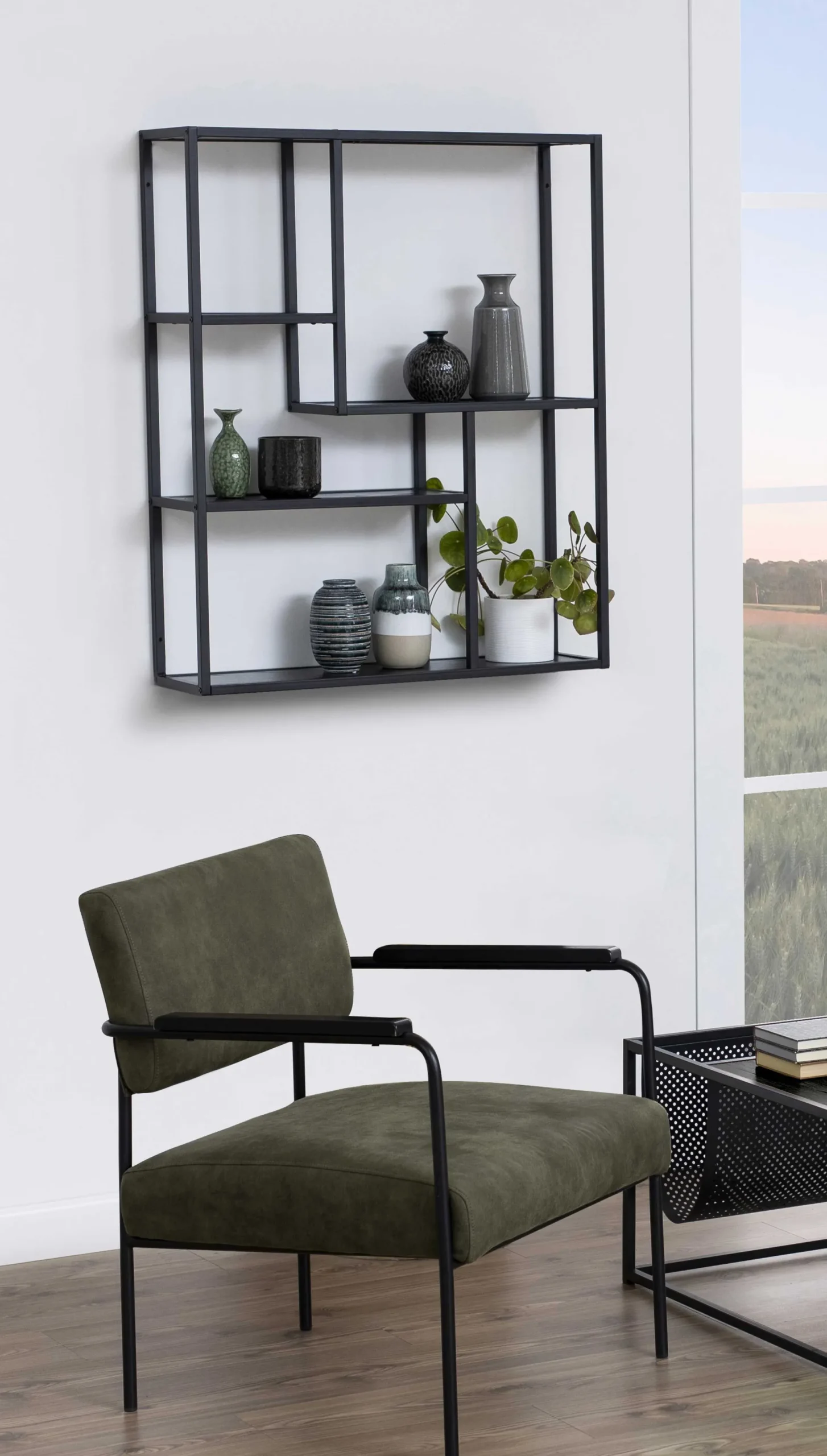 Seaford Rechteckiges Wandregal - Schwarzer Stahlrahmen, Melaminharzböden in Esche - 75x20x91 cm".