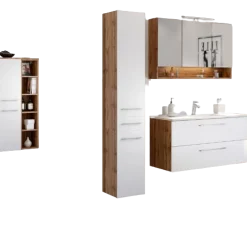 SefaBadezimmer : Spiegelschrank, Waschbeckenschrank, 2x Säulenschrank, Regal - Eiche/Weiß