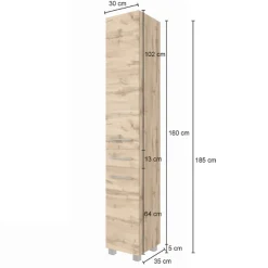 SefaBadezimmer : Spiegelschrank, Waschbeckenschrank, 2x Säulenschrank, Regal - Eiche/Weiß
