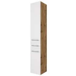 SefaBadezimmer : Spiegelschrank, Waschbeckenschrank, 2x Säulenschrank, Regal - Eiche/Weiß