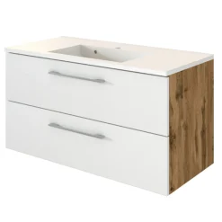 SefaBadezimmer : Spiegelschrank, Waschtischschrank, Säulenschrank - Eiche/Weiß