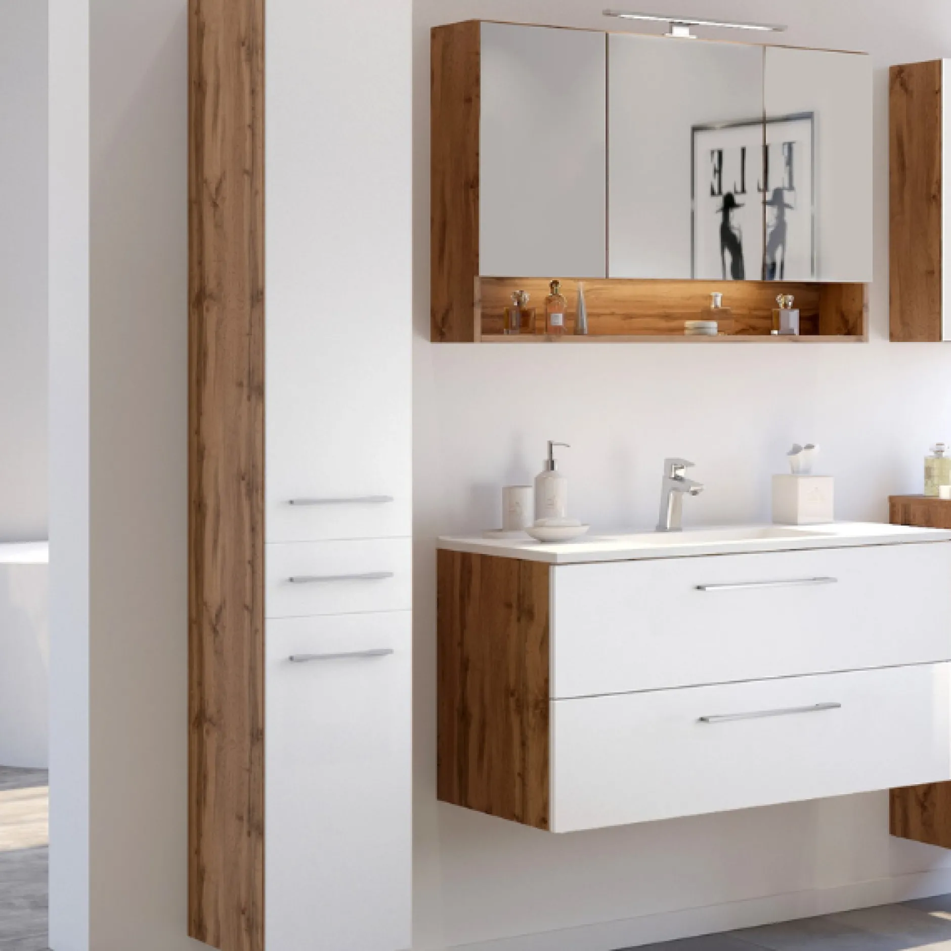 SefaBadezimmer : Spiegelschrank, Waschtischschrank, Säulenschrank - Eiche/Weiß