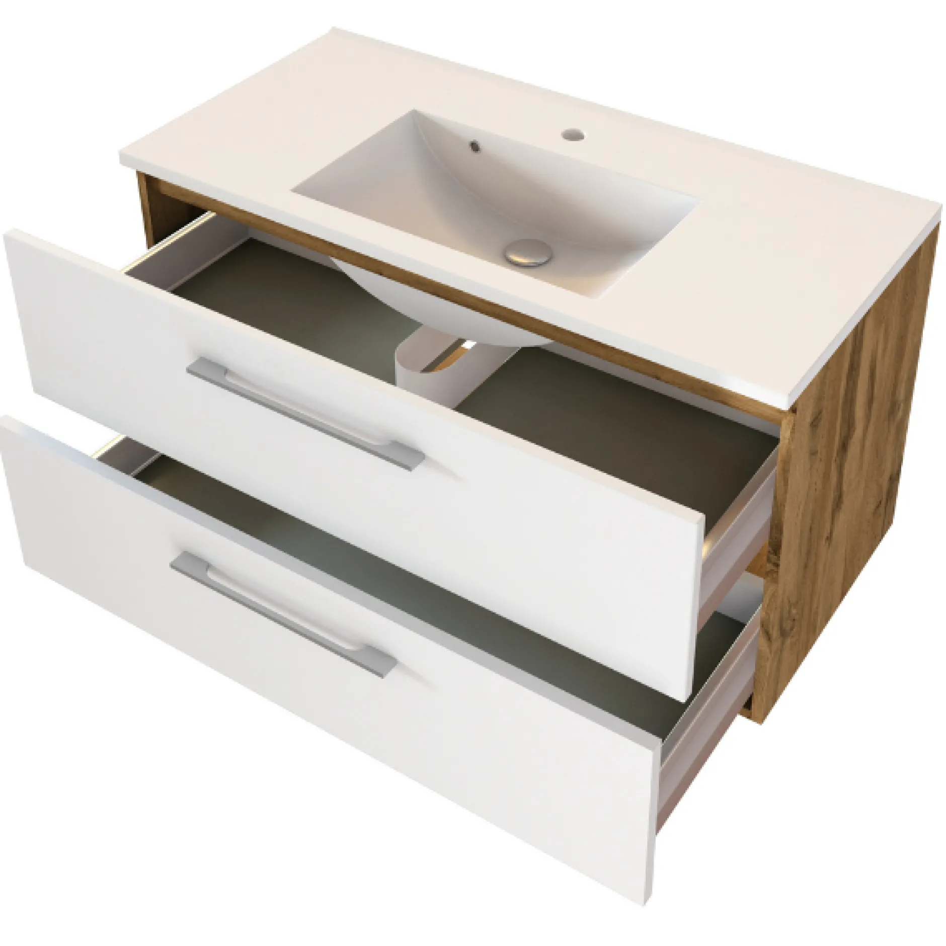 SefaBadezimmer : Spiegelschrank, Waschtischschrank, Säulenschrank - Eiche/Weiß
