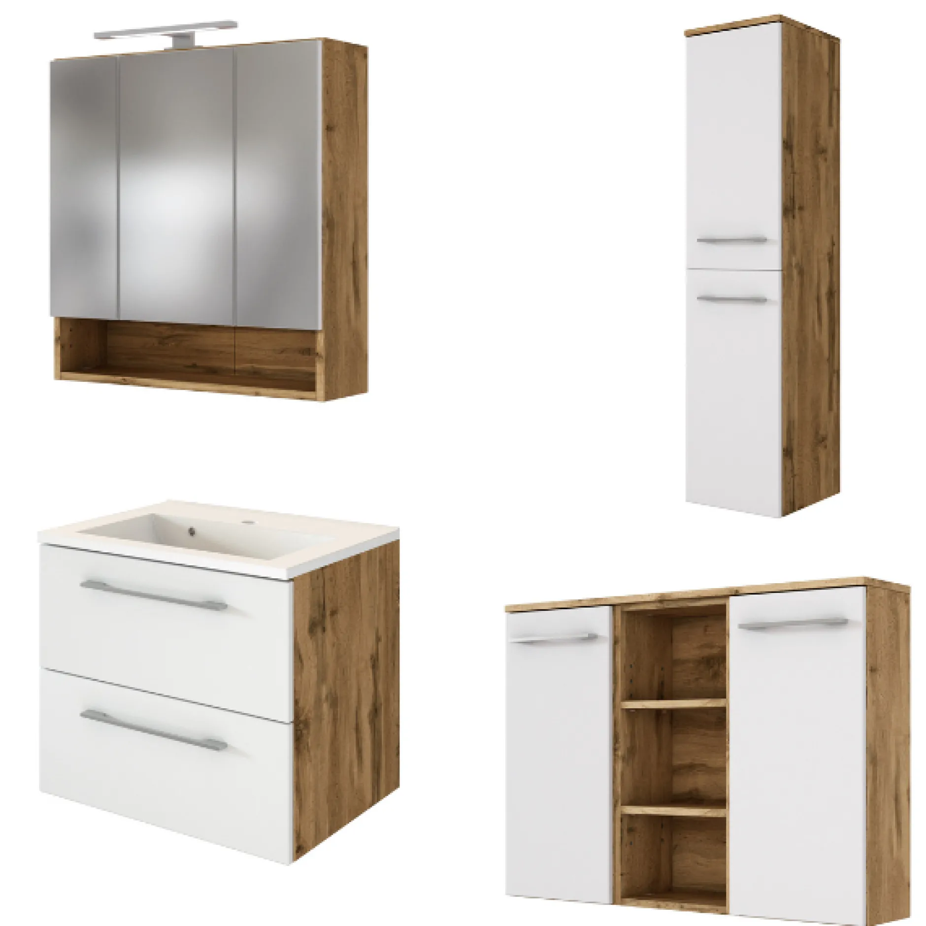SefaBadezimmer : Spiegelschrank, Waschbeckenschrank, Säulenschrank, Ablageschrank - Eiche/Weiß