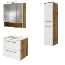 SefaBadezimmer : Spiegelschrank, Waschtischschrank, Säulenschrank - Eiche/Weiß