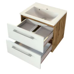 SefaBadezimmer : Spiegelschrank, Waschtischschrank, Säulenschrank - Eiche/Weiß