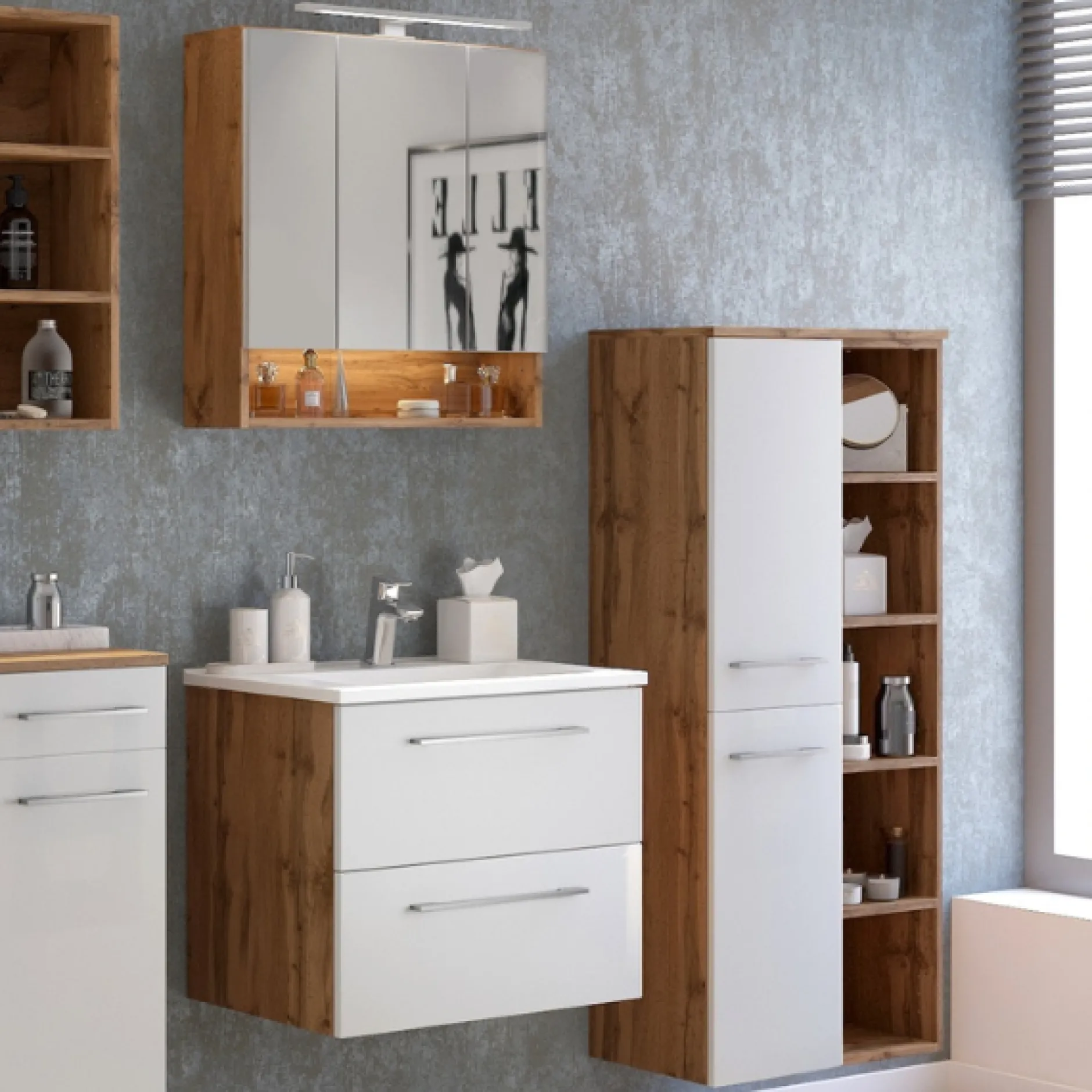 SefaBadezimmer : Spiegelschrank, Waschtischschrank, Säulenschrank, Regal - Eiche/Weiß