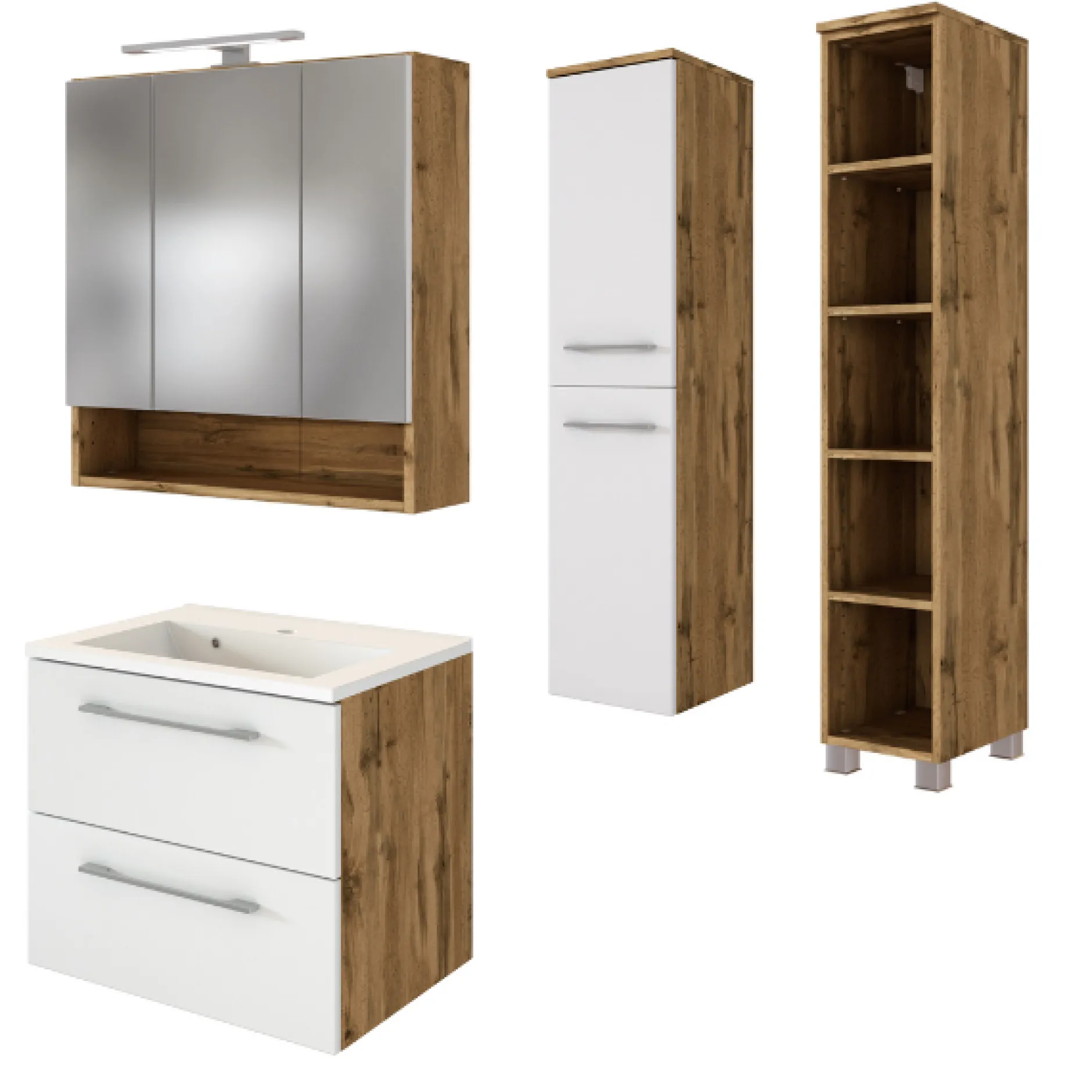 SefaBadezimmer : Spiegelschrank, Waschtischschrank, Säulenschrank, Regal - Eiche/Weiß
