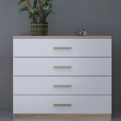 Seliena Kommode mit 4 Schubladen - Eiche gebürstet/Mattweiß