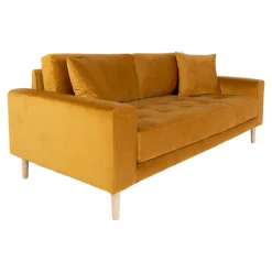 Senfgelbes Samtsofa mit Holzbeinen