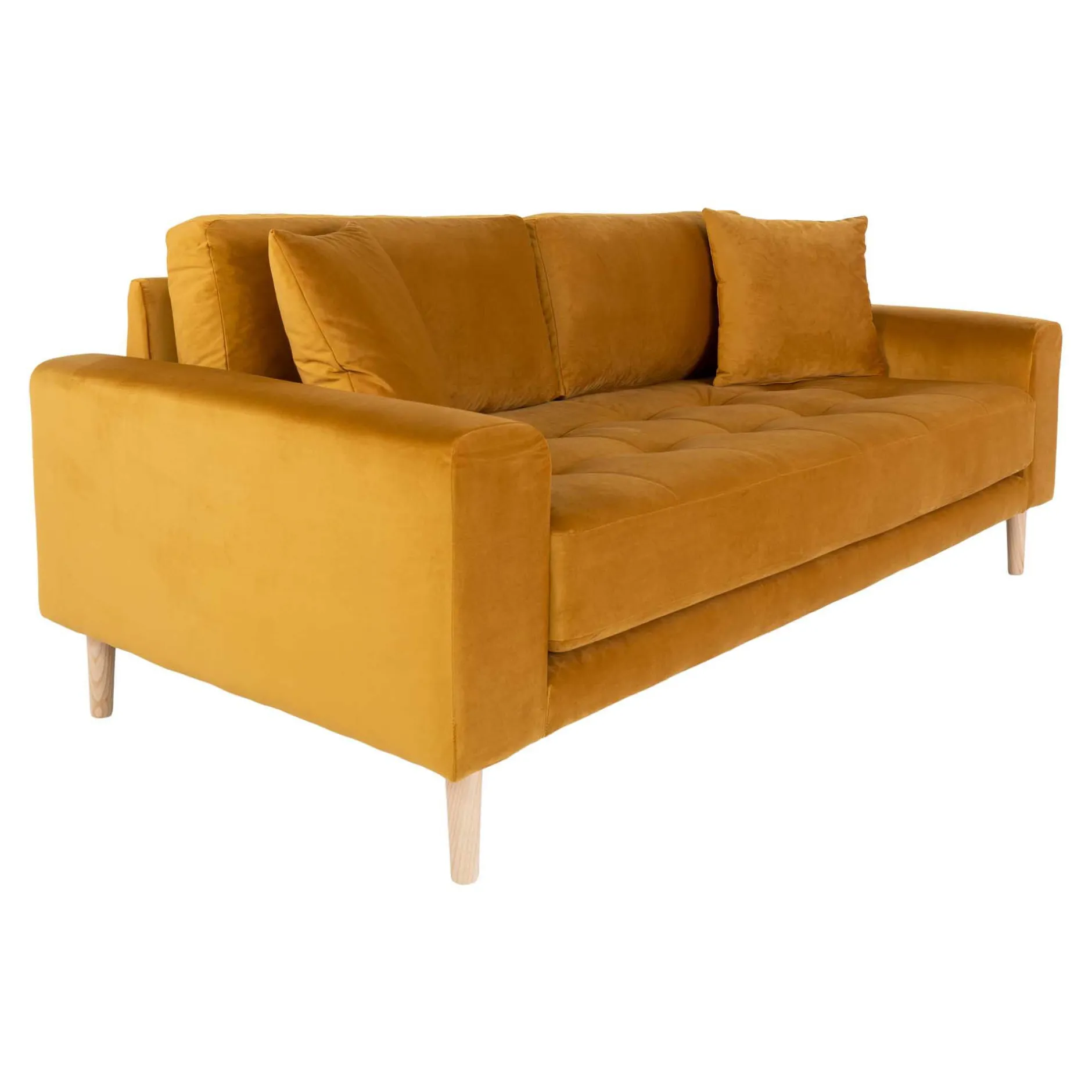Senfgelbes Samtsofa mit Holzbeinen