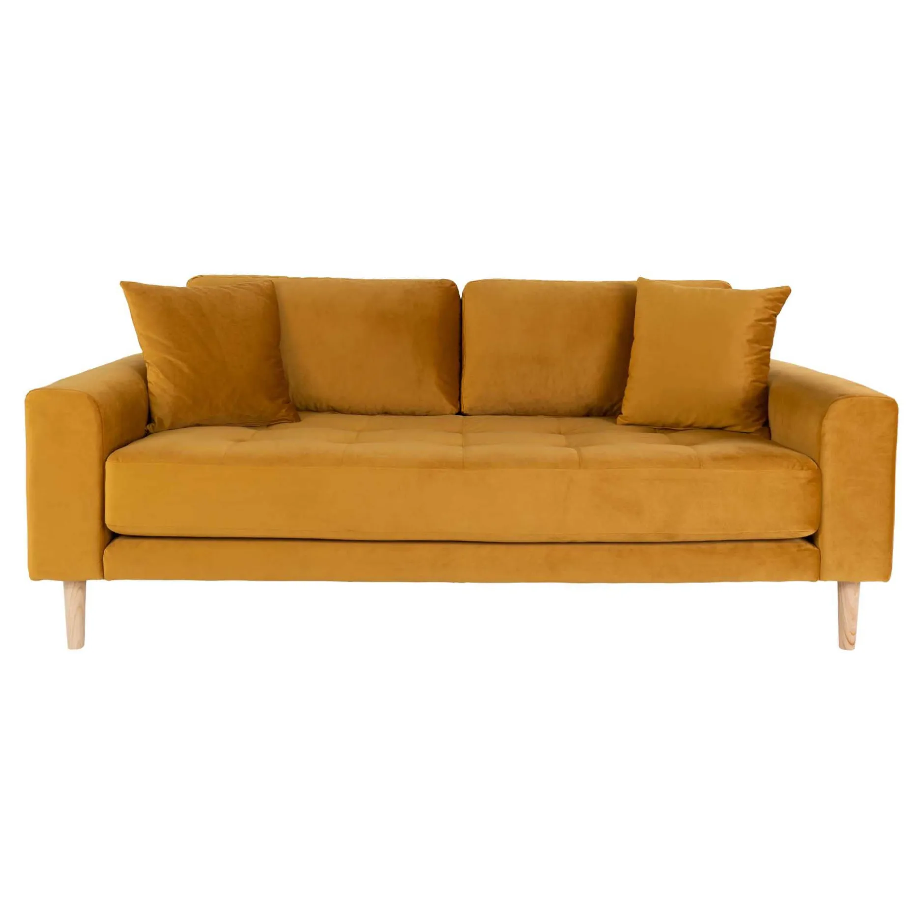 Senfgelbes Samtsofa mit Holzbeinen