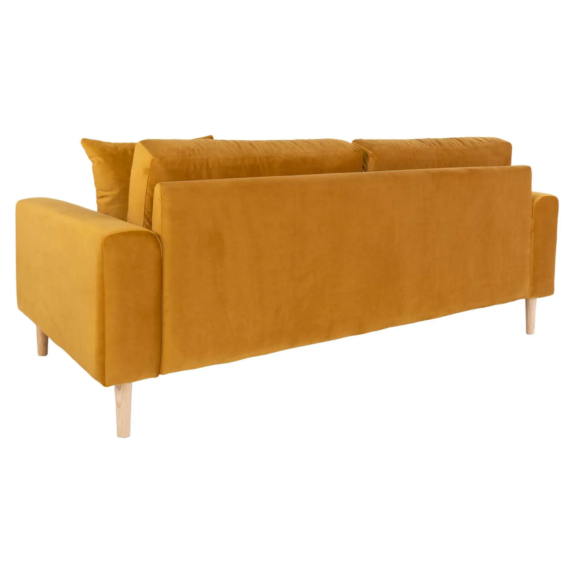 Senfgelbes Samtsofa mit Holzbeinen