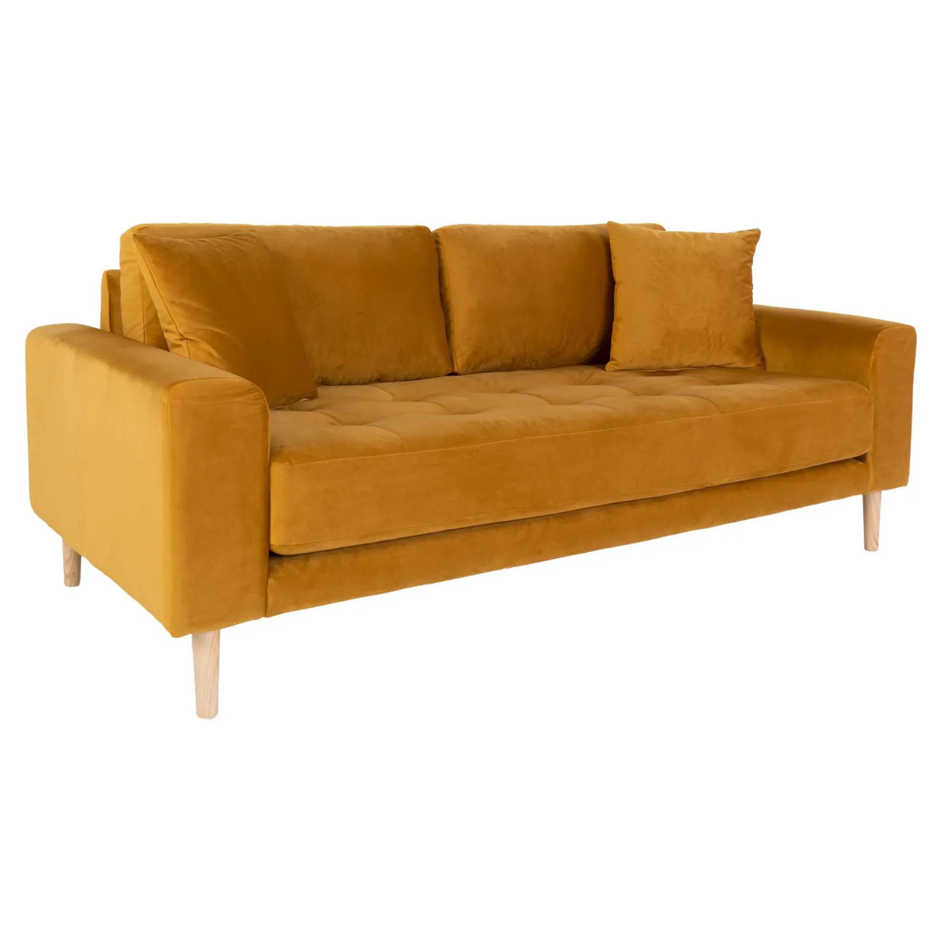 Senfgelbes Samtsofa mit Holzbeinen