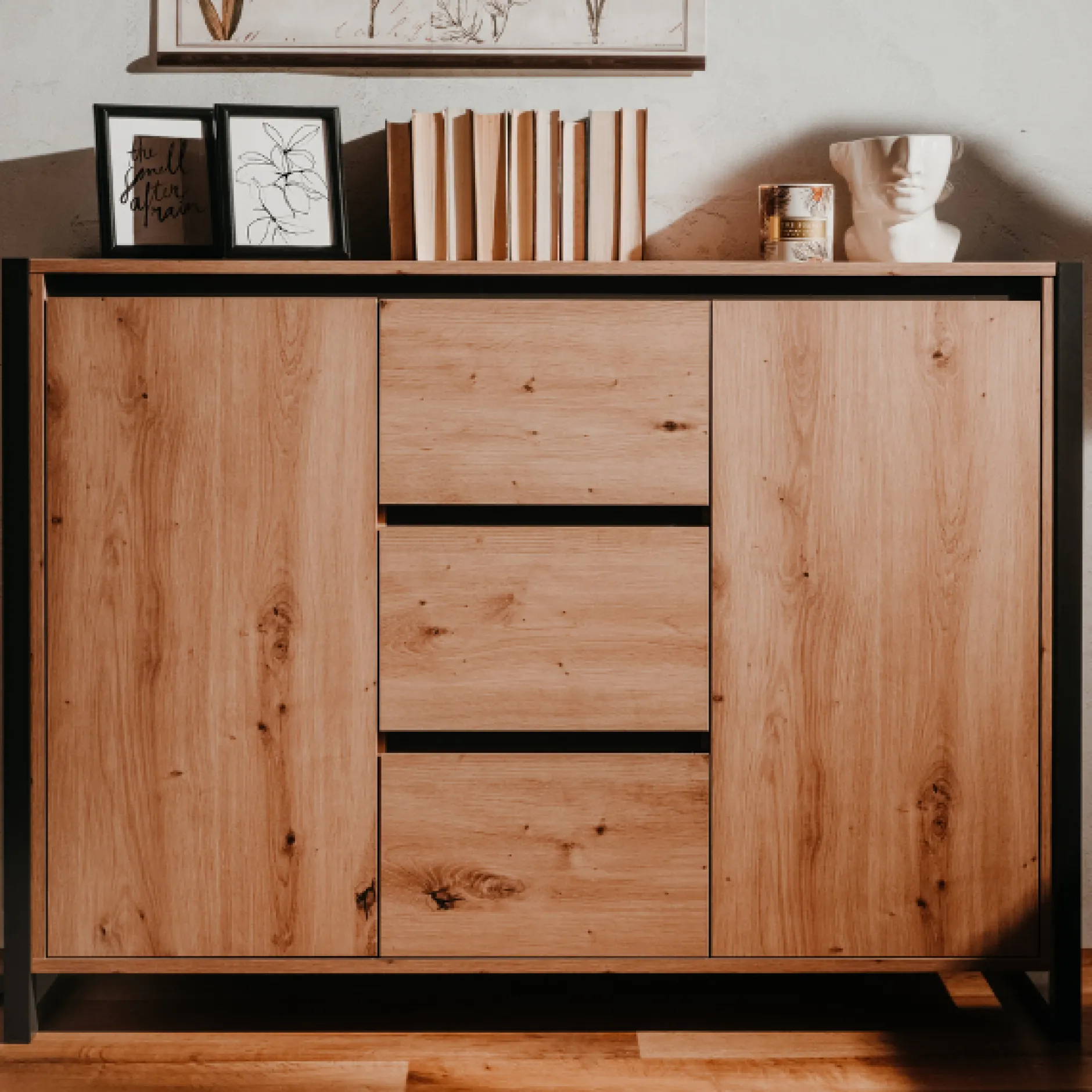 Sideboard Damon 120cm mit 2 Türen und 3 Schubladen - Eiche Dekor/anthrazit