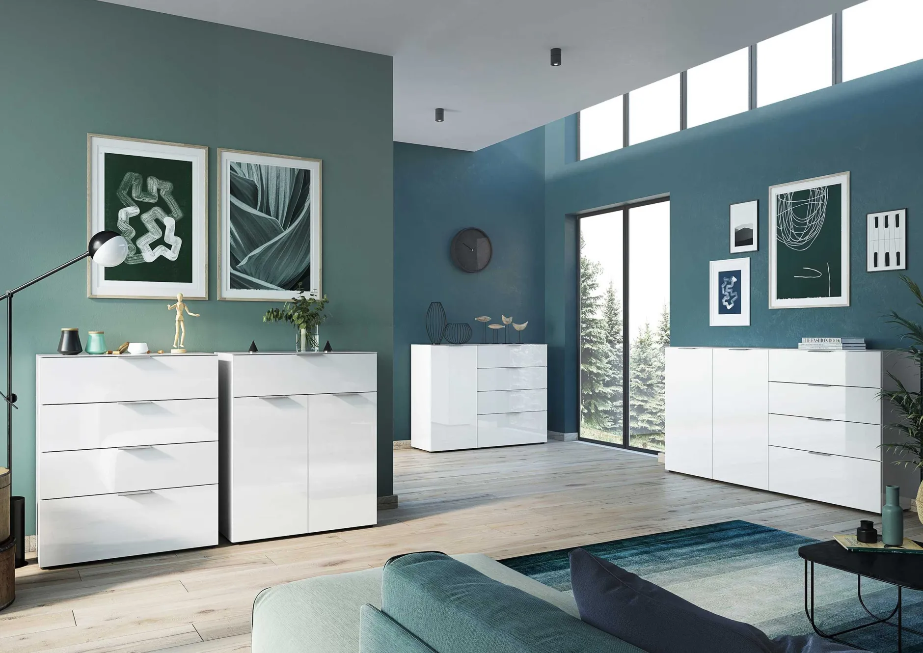 Sideboard Dudek 134cm mit 4 Schubladen und 1 Tür - weiß