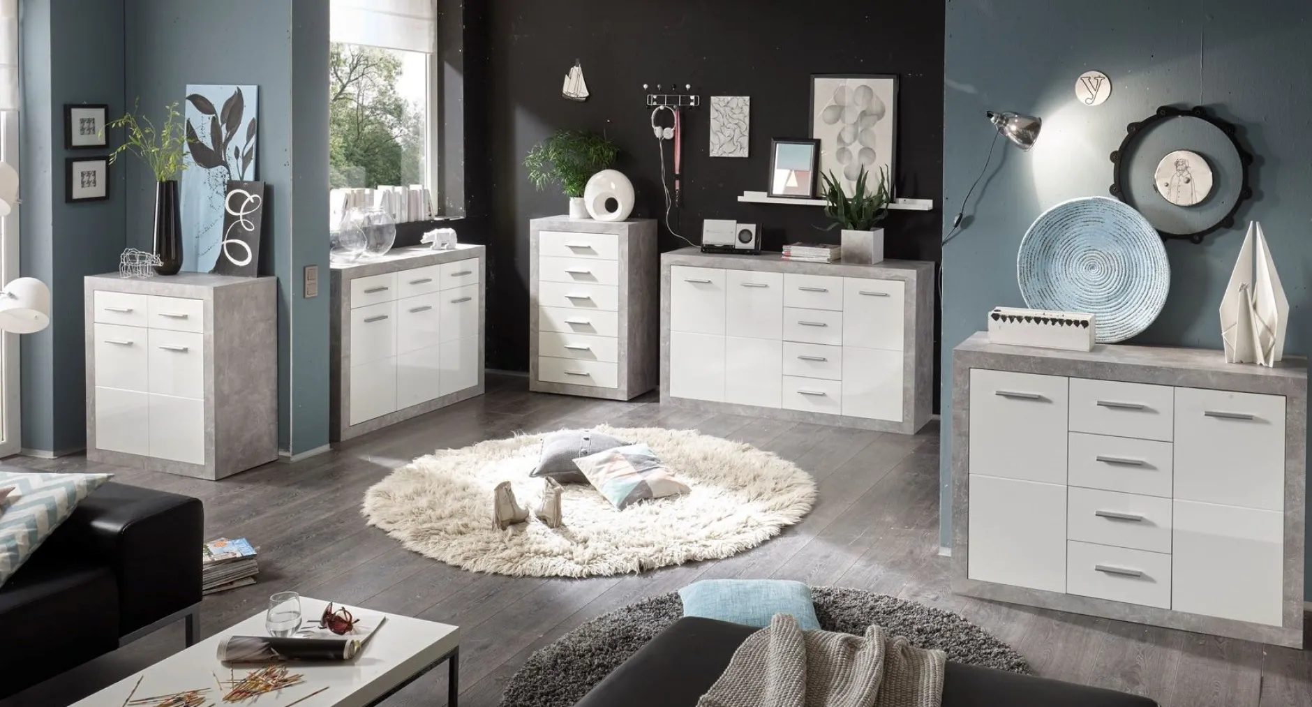 Sideboard Inga 152 cm mit 3 Türen und 4 Schubladen - Beton/Weiß