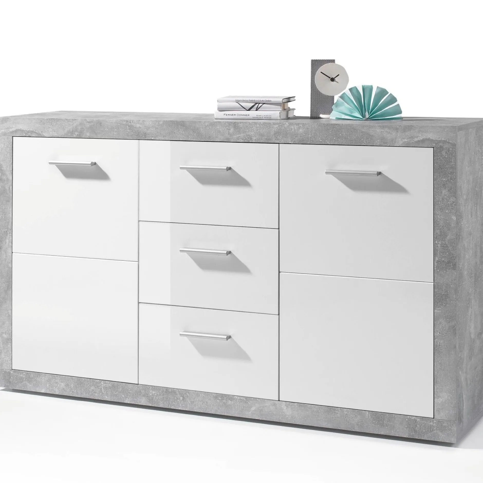 Sideboard Inga 147 cm mit 2 Türen und 3 Schubladen - Beton/Weiß